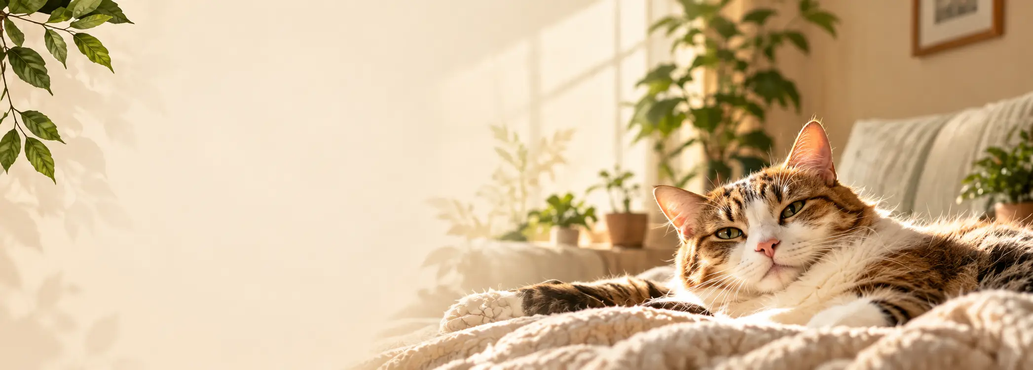 Gato malhado relaxando sobre uma manta felpuda, cercado por plantas e luz suave do sol