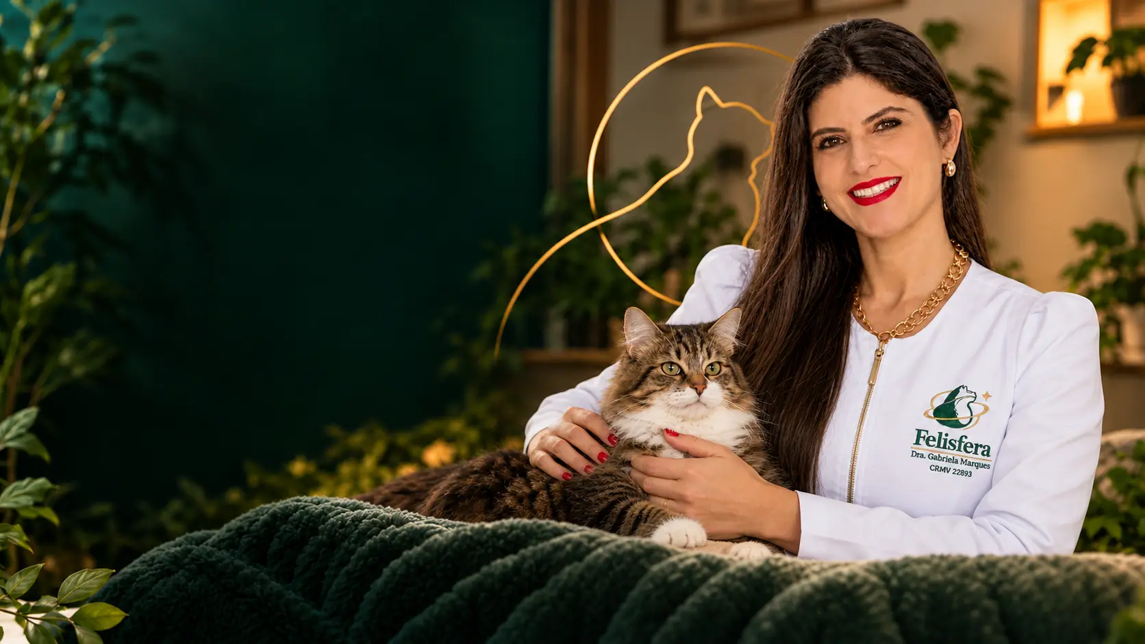 Dra. Gabriela Marques, de blusa branca, acariciando um gato de pelos longos sobre um sofá verde